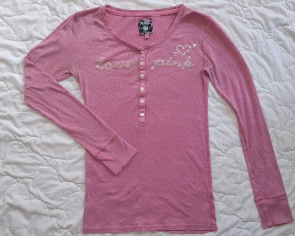 Victoria’s Secret PINK Love Pink Glitter Metallic Henley Long Sleeve Top M